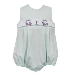 Petit Bebe Golf Cart Smocked Bubble in Green Gingham, size 24 mo